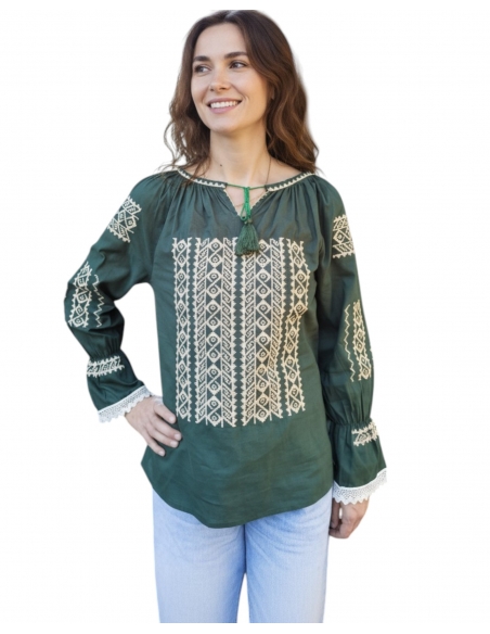 Ie Tradițională Românească Verde cu Broderie Bej – Model Autentic pentru Femei