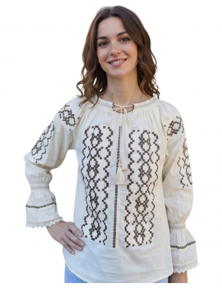 ie romaneasca bej cu broderie maro cu maneca lunga
