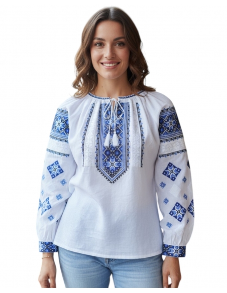 Ie Tradițională Românească Albă cu Broderie Albastră