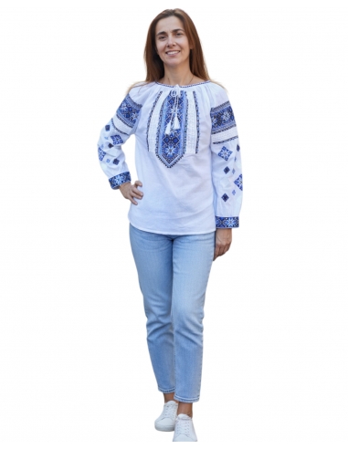 Ie Tradițională Românească Albă cu Broderie Albastră