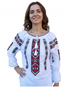 Ie Tradițională Românească Albă cu Broderie Roșu și Negru – Model Autentic pentru Femei