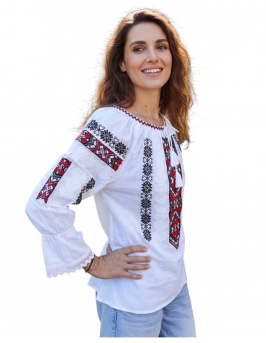 Ie Tradițională Românească Albă cu Broderie Roșu și Negru – Model Autentic pentru Femei