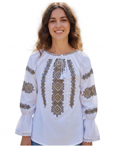 Ie Tradițională Românească Albă cu Broderie Bej și Negru – Model Autentic pentru Femei