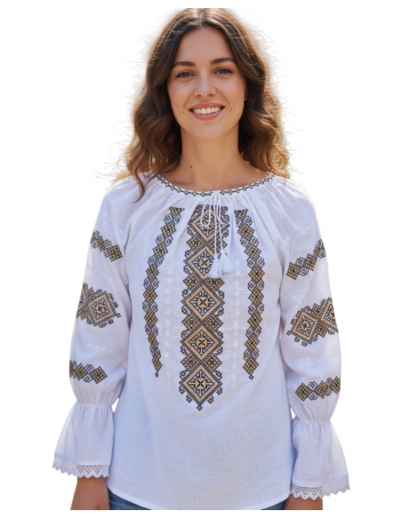 Ie Tradițională Românească Albă cu Broderie Bej și Negru – Model Autentic pentru Femei