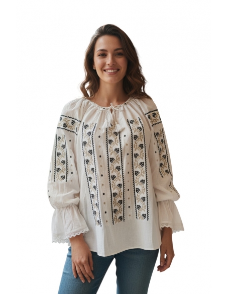 Ie Tradițională Dama cu Mâneca Lungă, Broderie Neagră și Crem, Mărimi S-3XL