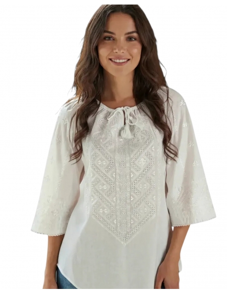 Ie Tradițională Albă cu Broderie Albă Geometrică – 100% Bumbac, Croi Lejer și Elegant