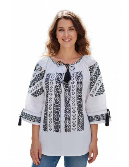 Ie Românească Albă din Bumbac cu Broderie Neagră Tradițională – Model Geometric cu Inimi