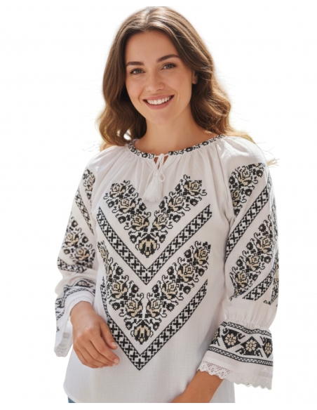 Ie traditionala romaneasca maneca lunga BRODERIE VERDE CU AURIU