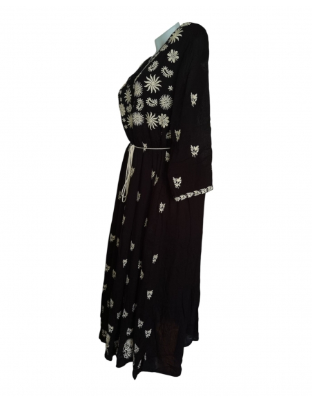 Rochie tradițională neagră din vâscoză cu broderie bej – mărimi S–3XL