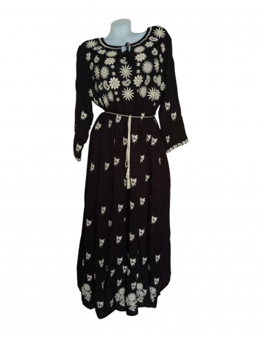 Rochie tradițională neagră din vâscoză cu broderie bej – mărimi S–3XL