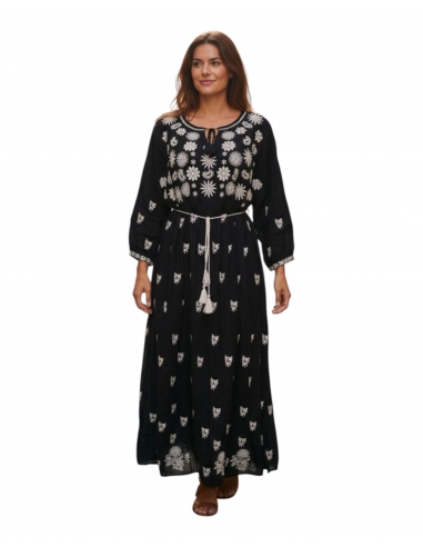 Rochie tradițională neagră din vâscoză cu broderie bej – mărimi S–3XL