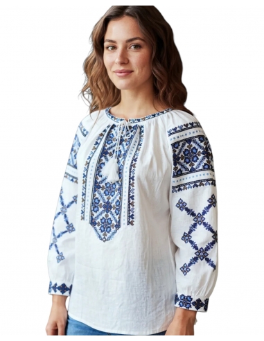 Ie Tradițională Românească cu Broderie Albastră – Model Autentic, Mărimi S-3XL