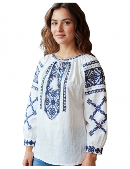 Ie Tradițională Românească cu Broderie Albastră – Model Autentic, Mărimi S-3XL