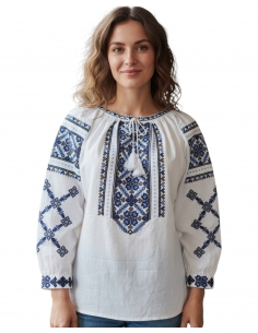 Ie Tradițională Românească cu Broderie Albastră – Model Autentic, Mărimi S-3XL