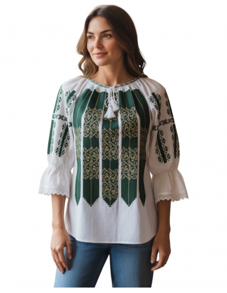 Ie Tradițională Românească de Damă – Broderie Neagra cu Model Geometric – Mărimi S-3XL