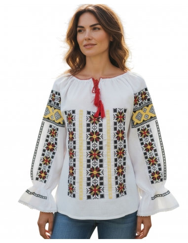 Ie Românească Tradițională cu Broderie la Război – Model Geometric Multicolor, Mărimi L-2XL