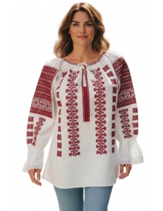 Ie Tradițională Românească Albă cu Broderie Roșie – Bumbac 100%, Cusută la Mașină