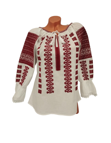 Ie Tradițională Românească Albă cu Broderie Roșie – Bumbac 100%, Cusută la Mașină
