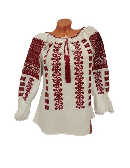 Ie Tradițională Românească Albă cu Broderie Roșie – Bumbac 100%, Cusută la Mașină