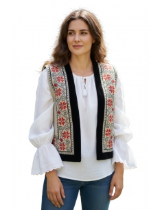 Vestă Tradițională Românească cu Motive Populare – Model Negru cu Broderie Roșie și Bej
