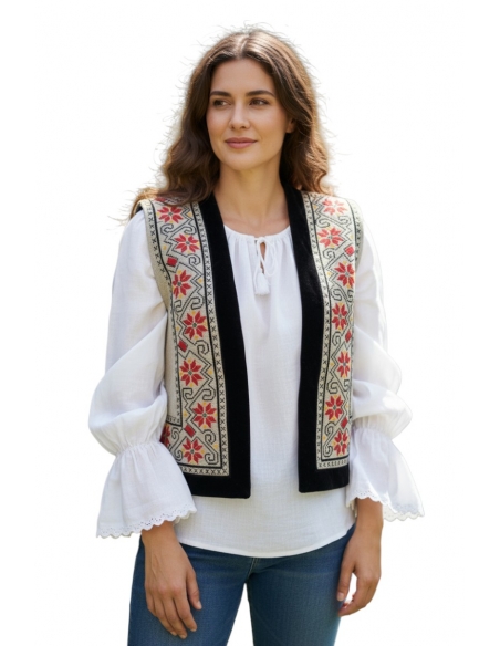 Vestă Tradițională Românească cu Motive Populare – Model Negru cu Broderie Roșie și Bej