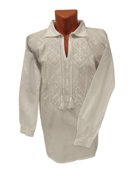 Ie Bărbătească Albă cu Broderie Albă – Tradițională Românească, Mărimi S-3XL