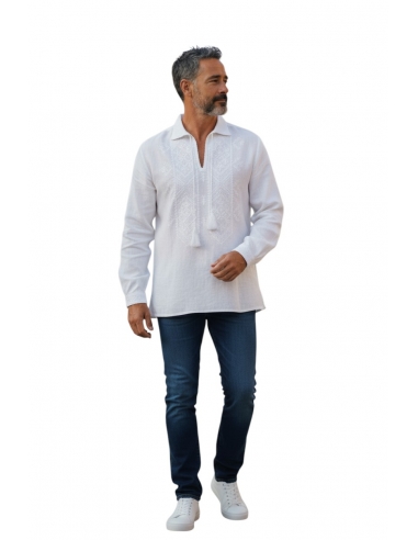 Ie Bărbătească Albă cu Broderie Albă – Tradițională Românească, Mărimi S-3XL