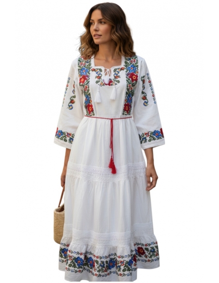Rochie Tradițională Românească Albă cu Broderie Multicoloră și Cordon Roșu