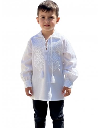 Ie tradițională românească băieți 0–16 ani – broderie albă, bumbac fin
