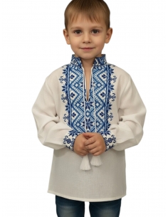 Ie tradițională băieți albă cu broderie albastră – bumbac 100% mărimi 0–16 ani