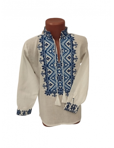 Ie tradițională băieți albă cu broderie albastră – bumbac 100% mărimi 0–16 ani