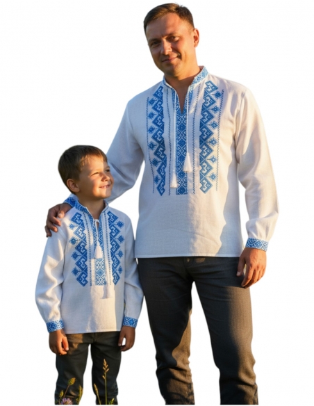 Set Tradițional II Tată-Fiu – Model Brodat Alb-Albastru