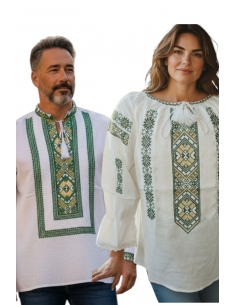 Set Familie – Ii Tradiționale din Bumbac cu Broderie Verde și Auriu, pentru El și Ea