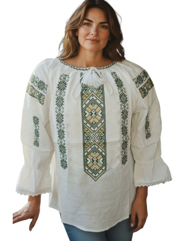 Set Familie – Ii Tradiționale din Bumbac cu Broderie Verde și Auriu, pentru El și Ea