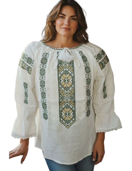 Set Familie – Ii Tradiționale din Bumbac cu Broderie Verde și Auriu, pentru El și Ea