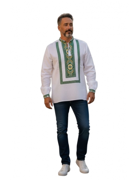 Set Familie – Ii Tradiționale din Bumbac cu Broderie Verde și Auriu, pentru El și Ea