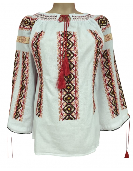 Ie Tradițională Românească Damă – Broderie Roșie, Neagră și Galbenă – M-2XL, Bumbac Natural