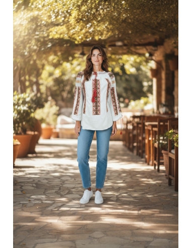 Ie Tradițională Românească Damă – Broderie Roșie, Neagră și Galbenă – M-2XL, Bumbac Natural