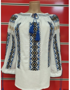 Ie Tradițională Românească Damă – Broderie Albastră și Galbenă – M-2XL, Bumbac Natural