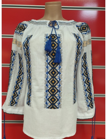 Ie Tradițională Românească Damă – Broderie Albastră și Galbenă – M-2XL, Bumbac Natural