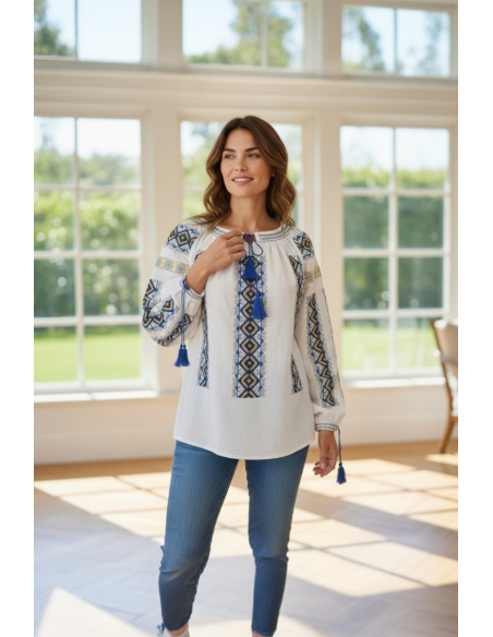 Ie Tradițională Românească Damă – Broderie Albastră și Galbenă – M-2XL, Bumbac Natural