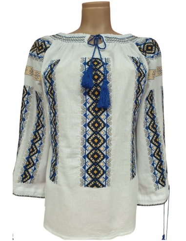 Ie Tradițională Românească Damă – Broderie Albastră și Galbenă – M-2XL, Bumbac Natural