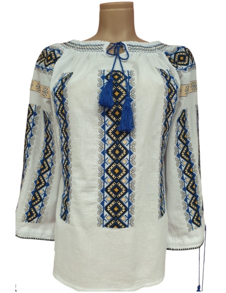 Ie Tradițională Românească Damă – Broderie Albastră și Galbenă – M-2XL, Bumbac Natural