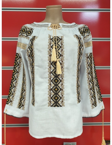 Ie Tradițională Românească Damă – Broderie Neagră și Bej – Bumbac Natural, M-2XL