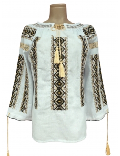 Ie Tradițională Românească Damă – Broderie Neagră și Bej – Bumbac Natural, M-2XL