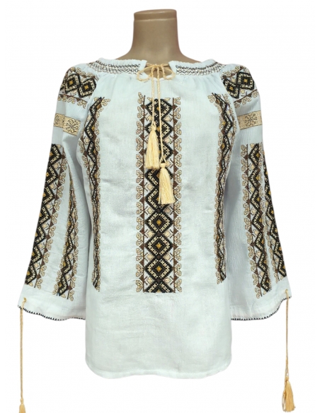 Ie Tradițională Românească Damă – Broderie Neagră și Bej – Bumbac Natural, M-2XL