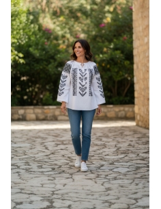 Ie Tradițională Românească Damă – Broderie Neagră Stilizată – Bumbac Natural, M-XXL