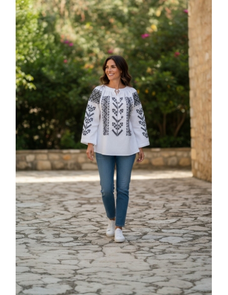Ie Tradițională Românească Damă – Broderie Neagră Stilizată – Bumbac Natural, M-XXL