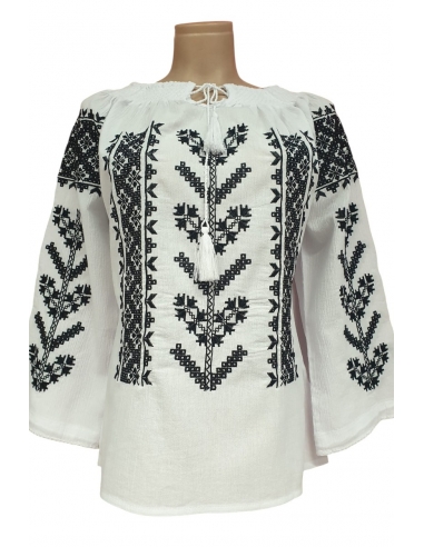 Ie Tradițională Românească Damă – Broderie Neagră Stilizată – Bumbac Natural, M-XXL
