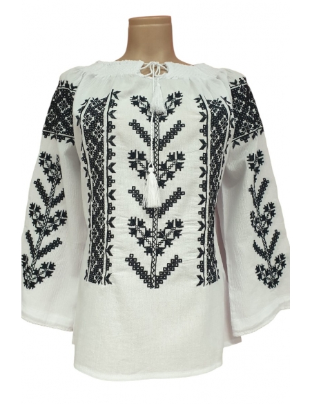 Ie Tradițională Românească Damă – Broderie Neagră Stilizată – Bumbac Natural, M-XXL